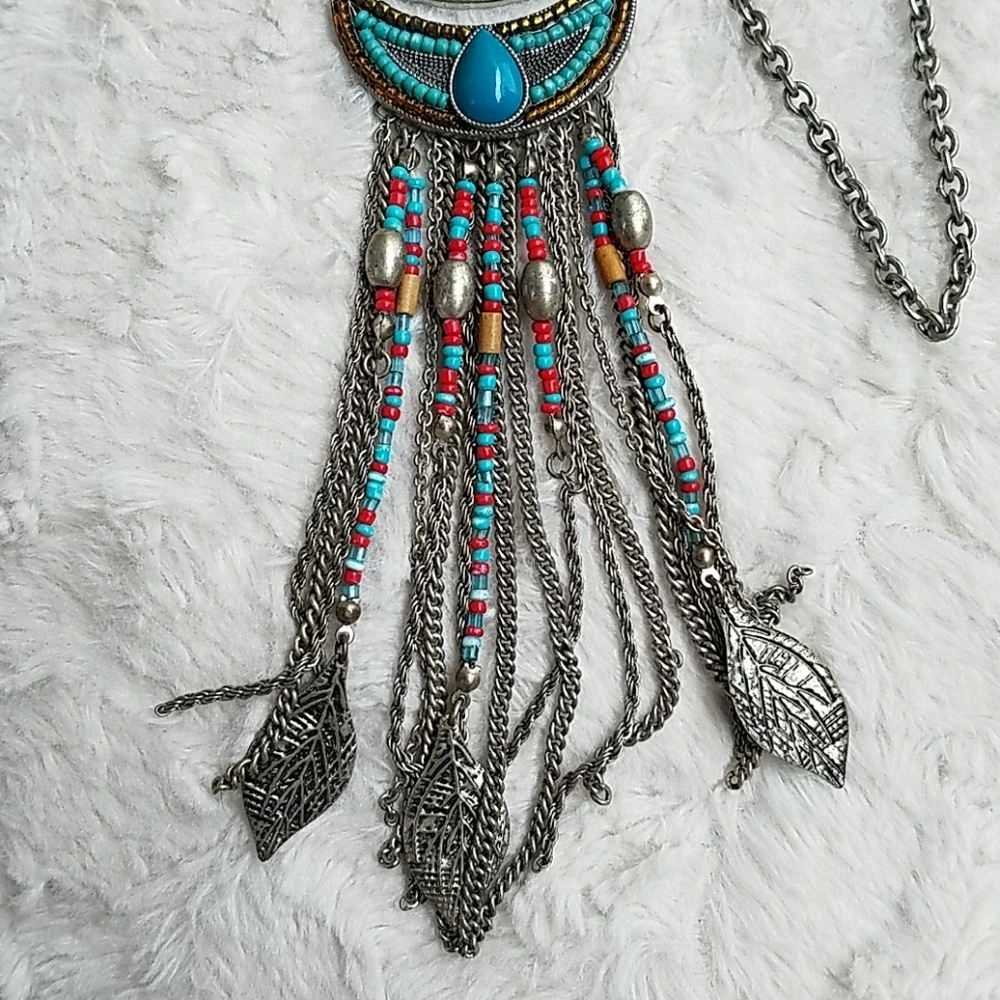 Vintage Boho Tribal Fringe Tassle Beaded Leaf Long Costume Necklace Aztec - Picture 2 of 3
